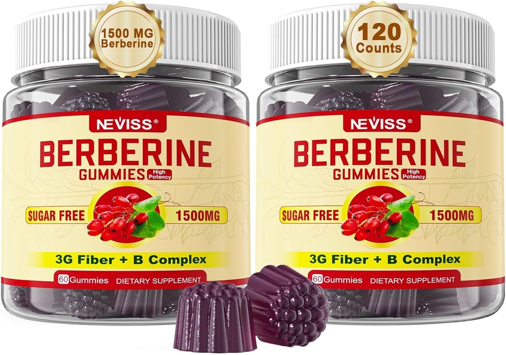 NEVISS Dodatek Berberine 1500mg, Aktivátor AMPK s 3G Prebiotickým vláknem, B1 B3 B6, Cukr bez berberine HCL gumy pro ženy a muže - podporuje imunitní systém, stravovací, 2pack 120 Cts