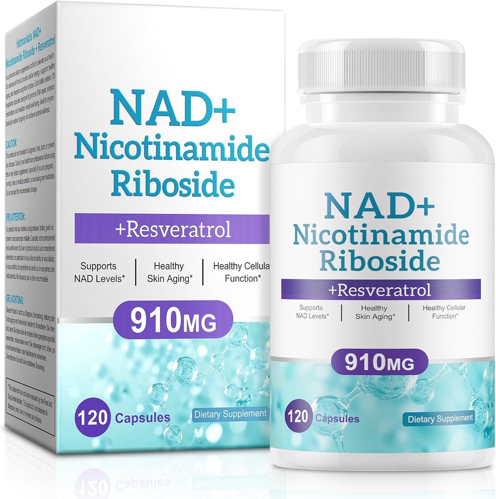 Dodatek NAD pro muže a ženy - Liposomální nikotinamid Ribosid, Quercetin, NAD + Doplněk s Resveratrol 910mg - Podporuje svaly, mozek, energie, 120 Kapsle