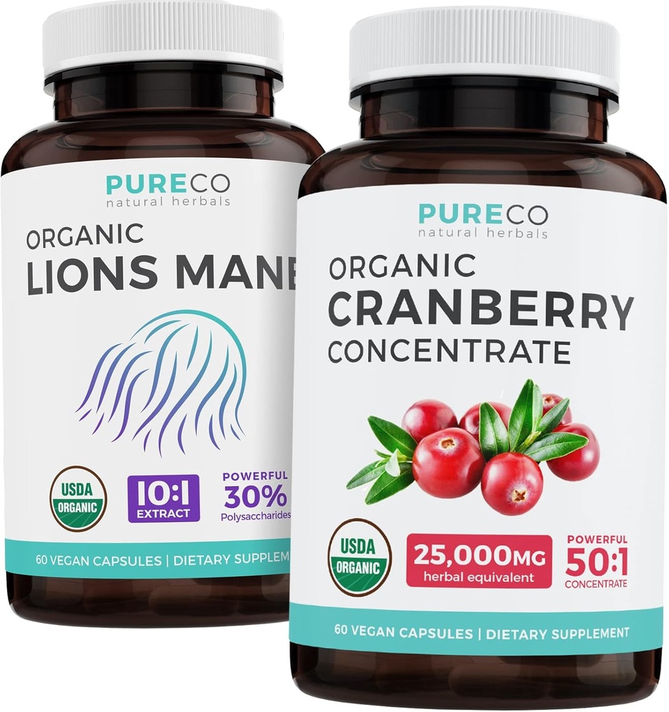 Uložit $4 (12% sleva) - Mind & Body Bundle - Organic Cranberry Concentrate (50: 1 Koncentrát - Rovná 25,000mg čerstvých brusinek) a Organic Lions Mane (10: 1 Extract - Rovná 10,000mg houbových)