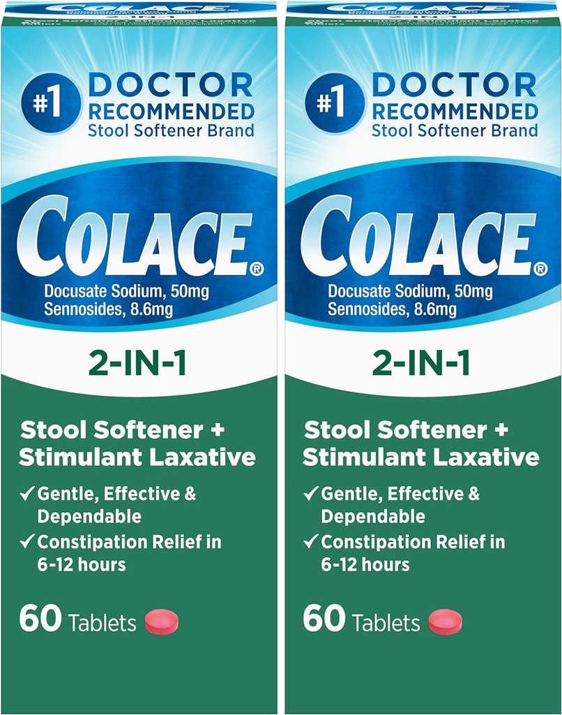 Colace 2- in-1 Stool Softener Plus Stimulant Laxative for Gentle Effective Constolly Relief, Docusate Sodná Plus Sennsids, 60 Počet (Balení 2)