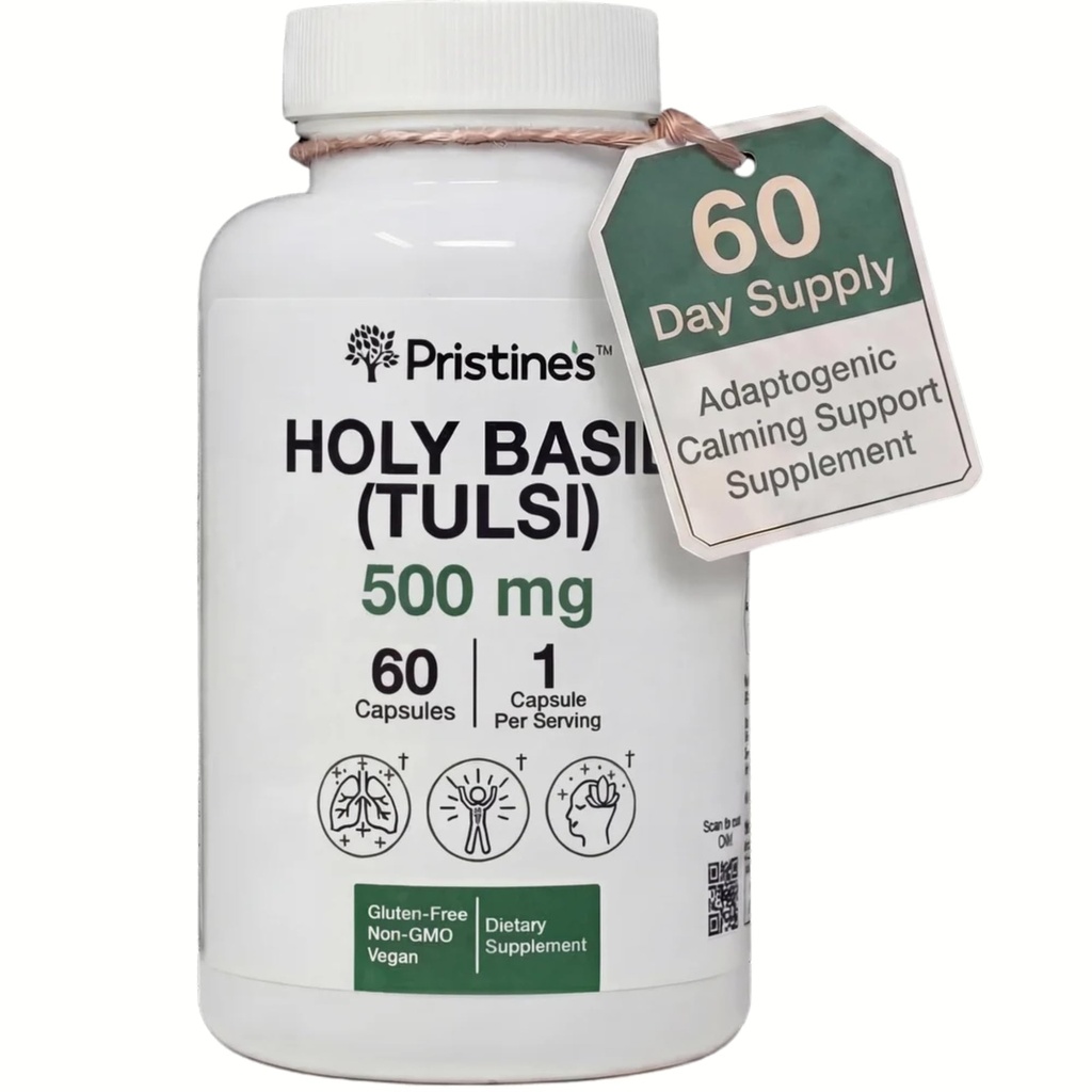 PRISTINE 's Holy Basil Capsules - 500 mg gluten Free Imunity & Relaxation Supplement - 60 Day Supply - Tulsi Holy Basil Leaf Extract Capsules - Vegan - Non- GMO