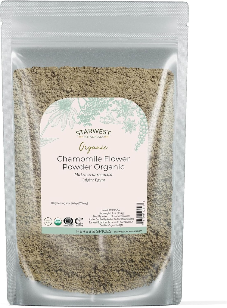 Starwest Botanicals Organic Heamomile Flower Powder - Sušený Loose Leaf Herb for Tea, Bylinné vody, & Pečení, Sourced from Egypt, Certified Kosher, Non- GMO - 4 oz Pouch