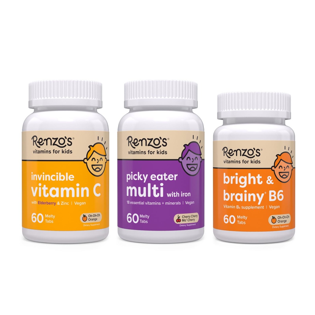 Renzo Vitamíny Zpět na školní Bundle, Bright & Brainy Vitamin B6, Picky jedlík Děti Multivitamin, a děti Vitamin C s Elderberry & Zinek pro imunitní podporu