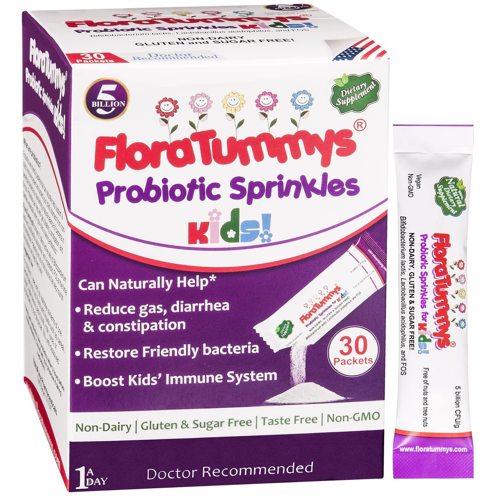 FloraTummys Probiotika pro děti: 30 Chuť-Free Powder Packets, Free of Food Alergens, Non-Dairy, Gluten Free, Cukr Free, Non-GMO, Vegan