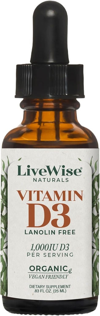LiveWise Naturals Organic Vitamin D3 Tekuté kapky, Vegan, Non- GMO, Plant- based, 200 IU na kapku, podporuje imunitní, kostní a moodové zdraví, Easy- to- Absorb, v MCT Oil 1000 IU