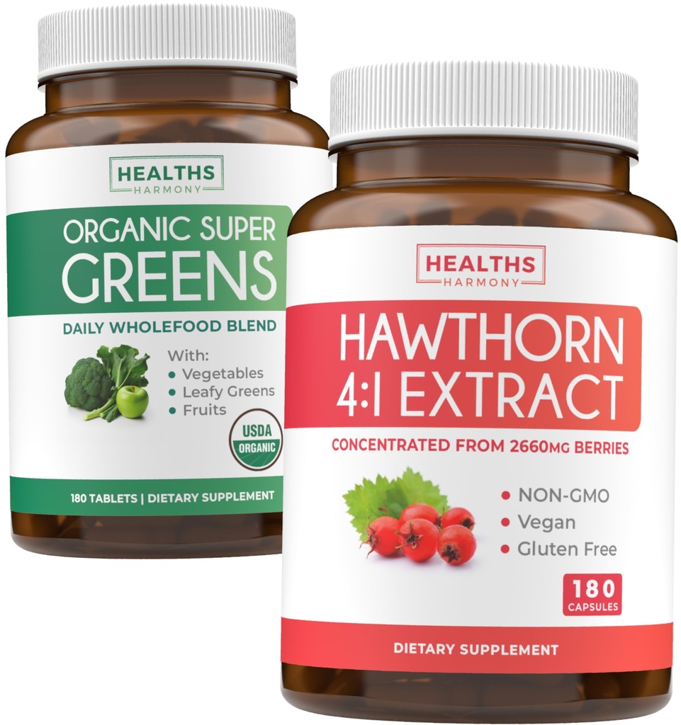Super Green & Hawthorn Extract (3-Month Supply) Super Berry Blend Bundle of Organic Super Greends Powder - Complete Superfood & Hawthorn Berry 4: 1 Extract - High Force Extract (180 Kapsle)