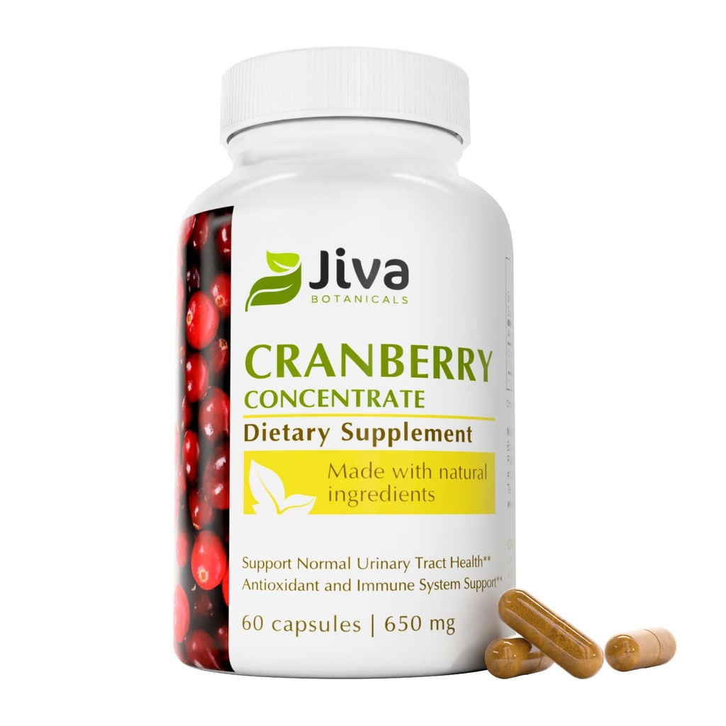 Jiva Botanicals Koncentrované brusinkové doplňky - 650 mg Cranberry Powder Extract Pills for Women - High Potency for Normal Urinary Tract Health - 60 Kapsle (Balení po 1)