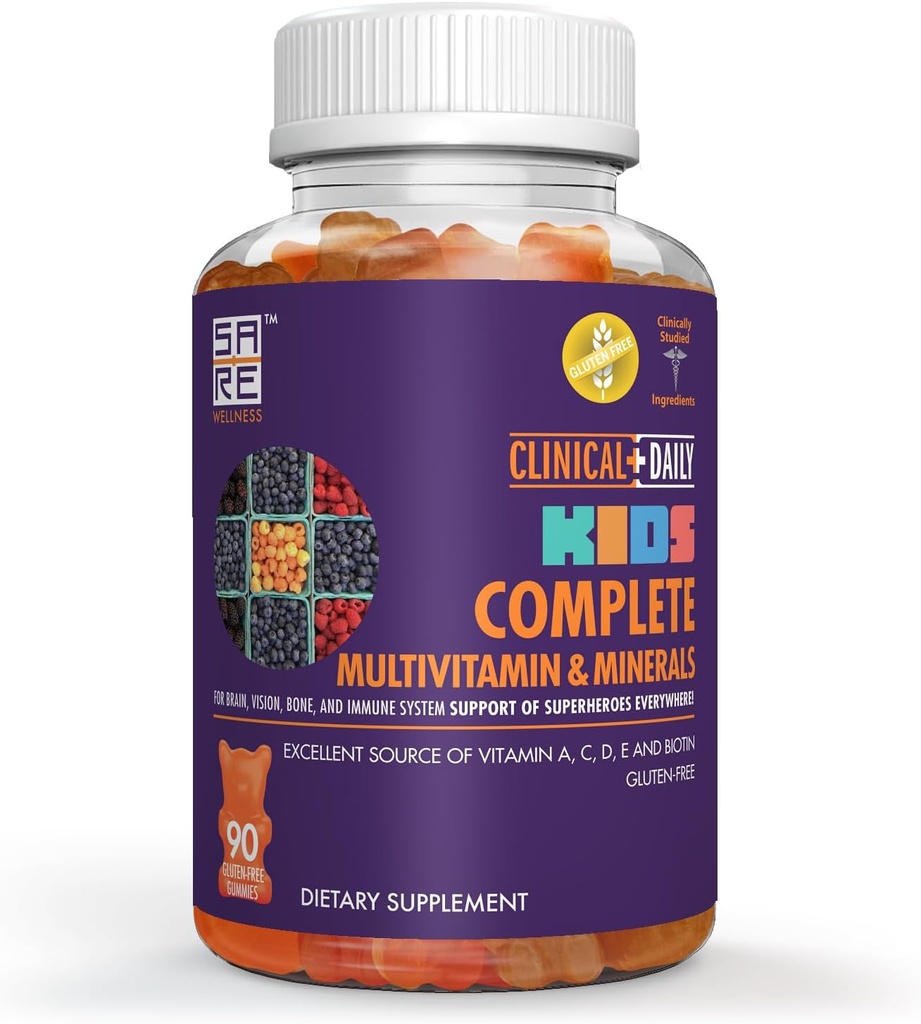 Klinické denně kompletní děti multivitamin denní Gummy dodatek pro mozek, vize, kosti a imunitní zdraví. Vitamíny A, C, E, D, B6, B12, Folát, Biotin, esenciální minerální látky. 90 Gluten zdarma Yummy Gummies