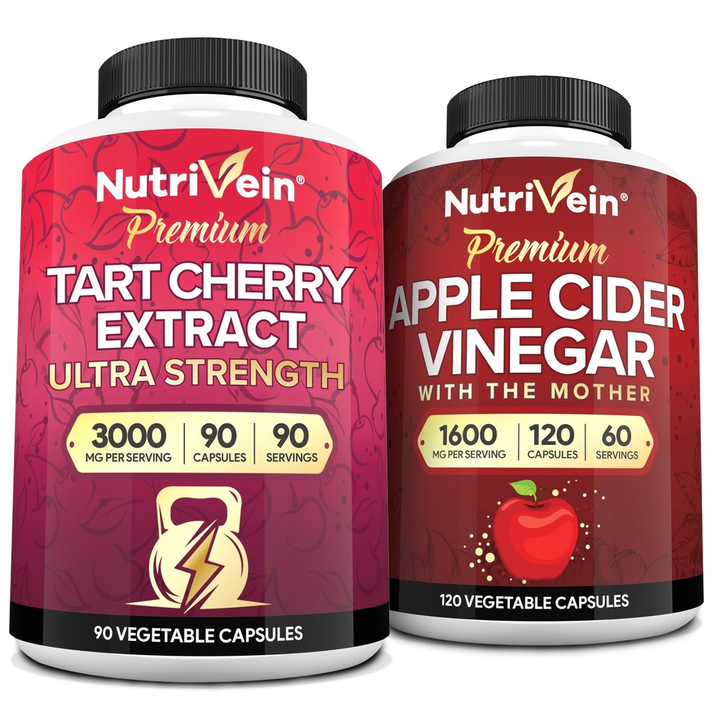 Nutriveral Premium Tart Cherry 500mg & Apple Cider ocet 1600mg Bundle - Muscle Recovery & Uric Acid Cleanse Plus Podpora příjmu a hubnutí - Non- GMO, Vegan / Vegetarian - 90 + 120 pilulky