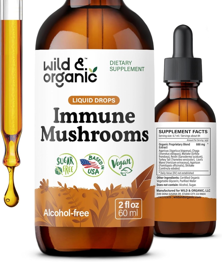 Wild & Organic Immunní Houby Tinktura - 8-in-1 Houbový komplex s Chaga, Turecko Tail, Lion 's Mane, Reishi Extract - Imunitate Support Drops - Vegan, Cukr & Alcohol-Free Liquid Supplement - 2 fl oz