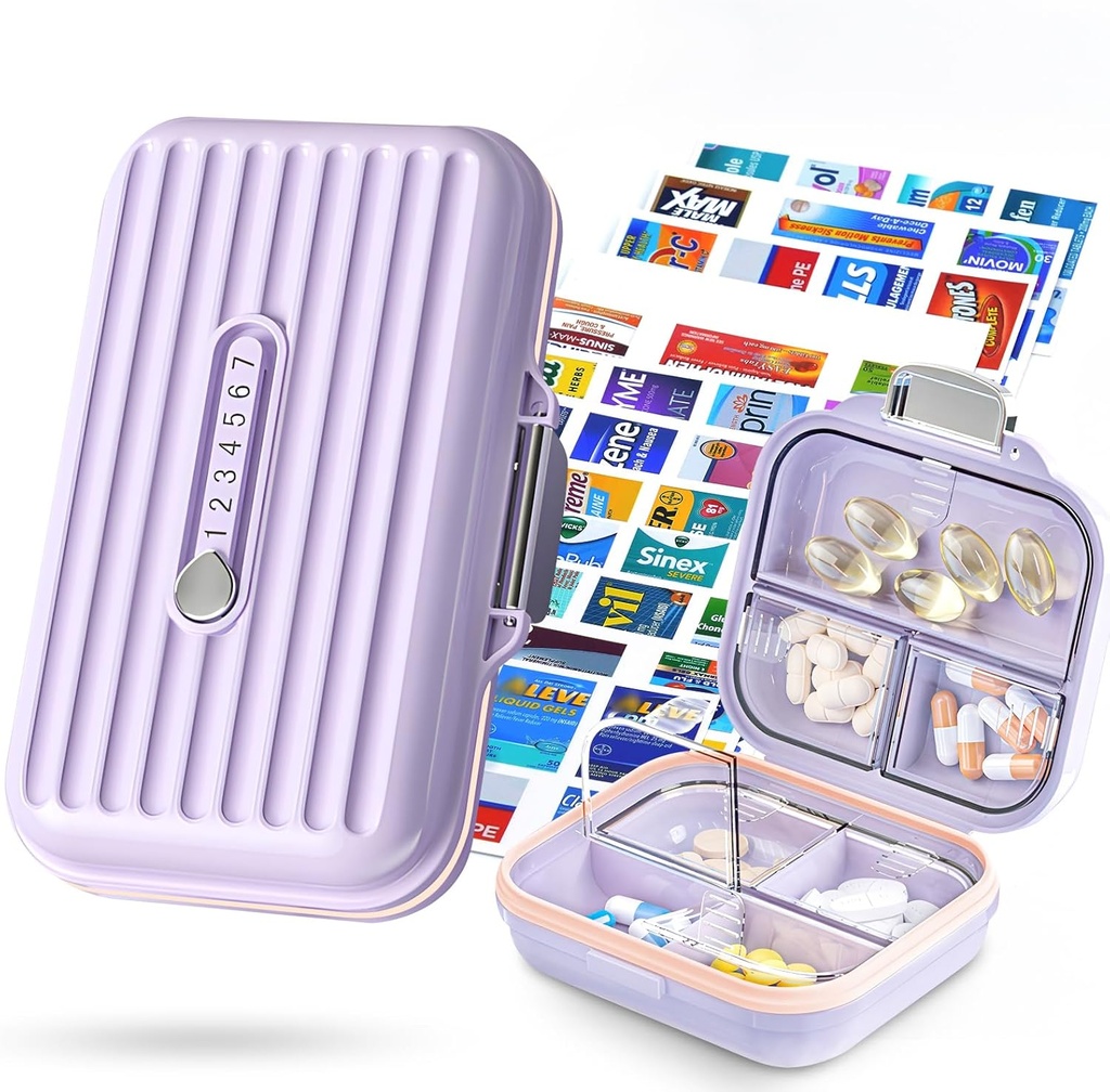 Travel Pill Pořadatel Box s etiketami medicíny, 2Pack 7 Kompartments Přenosný Pouzdro na pilulky, Denní Medikace Pořadatel Storage Pill Kontejner pro Pocket Pharmacy (Purple, S + L 2pack)