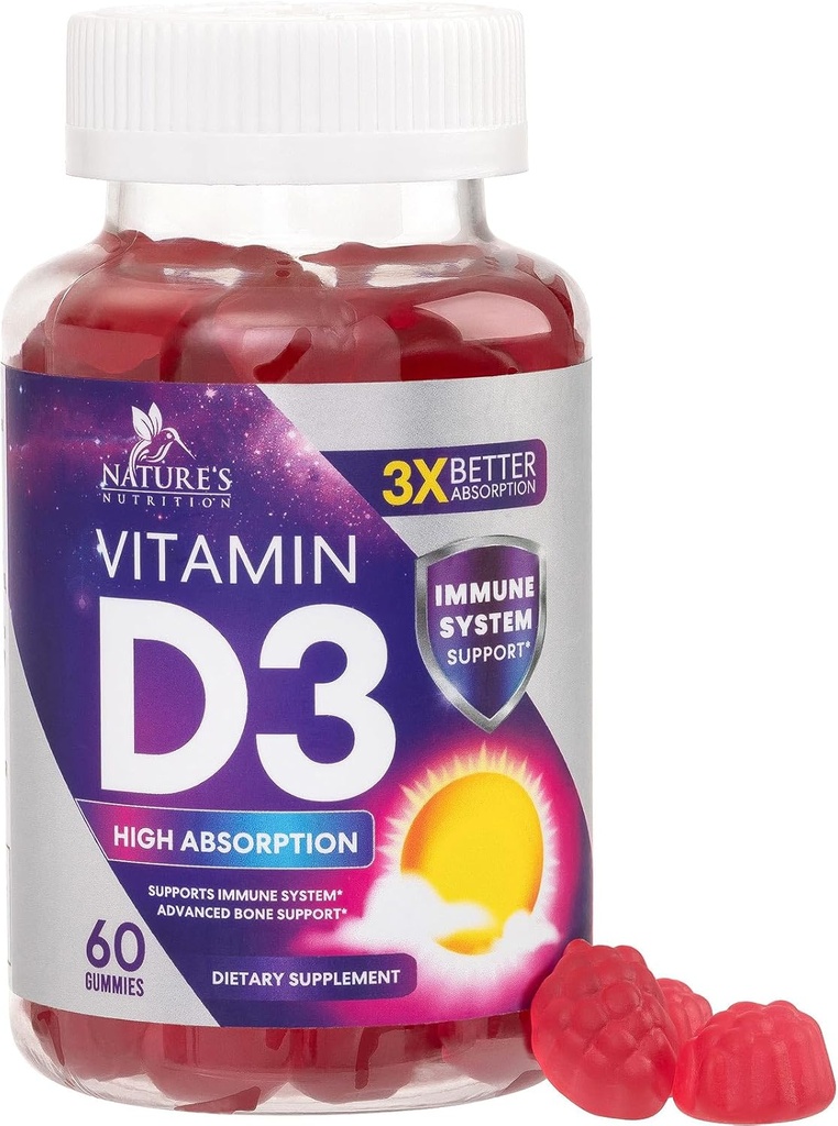 Vitamin D3 Gummy 5000 IU (125 mcg) - dodatek stravy vitaminy D pro ženy a muže - kosti, zuby, svalová a imunitní podpora zdraví, vysoká potence VIT D3 Příroda Non- GMO & Gluten zdarma - 60 Gummies