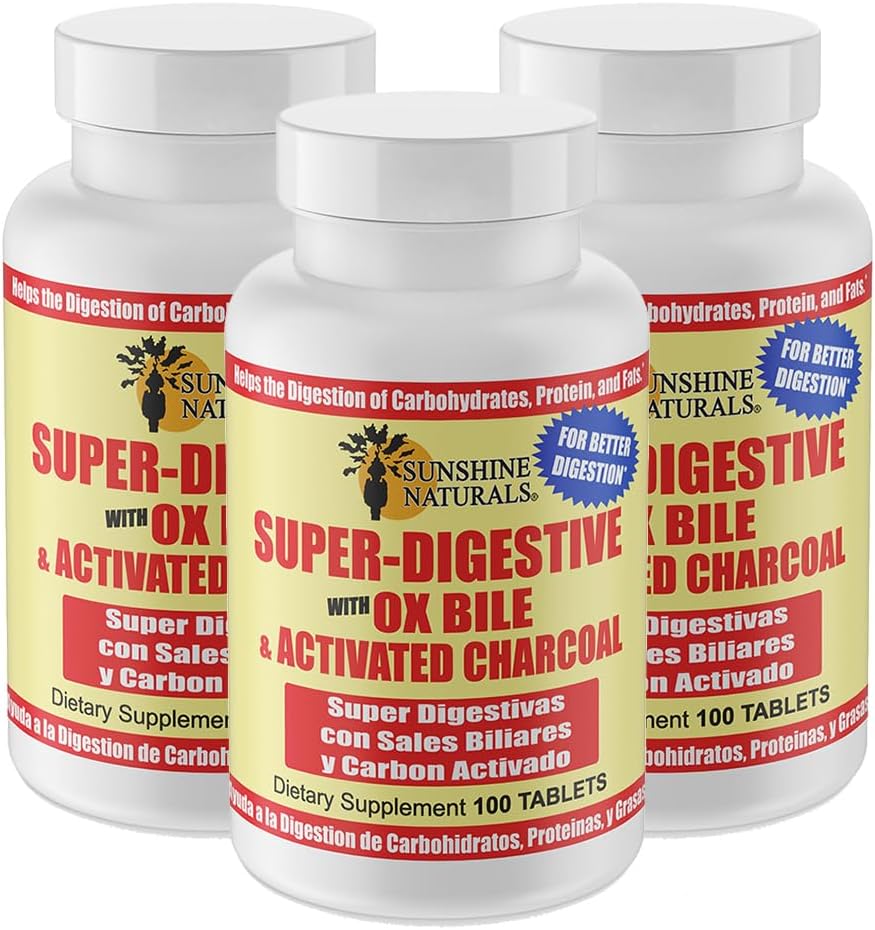 Sunshine Naturals Super Hudební dodatek. Ox Bile & Activated Charcoal for Digestive Support, Bloating Relief, Gut Cleanse, Nutrient Absorpce, a Celkově Wellness. 100 tablet. Balení po 3 ks