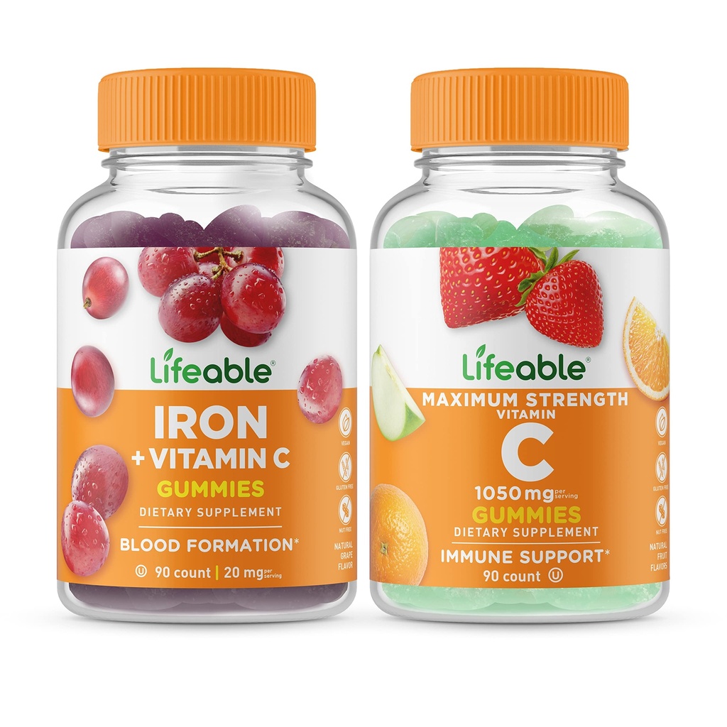Živé železo s vitaminem C + Vitamin C 1050mg, Gummies Bundle - Velký Ochutnávka, Vitamin dodatek, Lepek zdarma, GMO zdarma, Žvýkací žlab