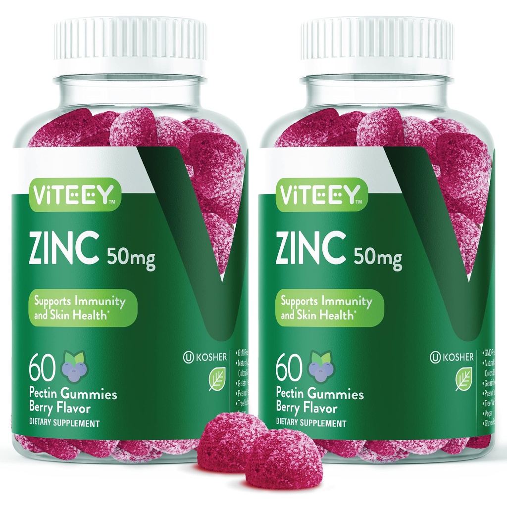 VITEEY Zinkové gumy pro muže a ženy - Zinek doplňky 50 mg - imunitní boost a zdraví kůže - Vegan, Gluten zdarma - 120 Počet
