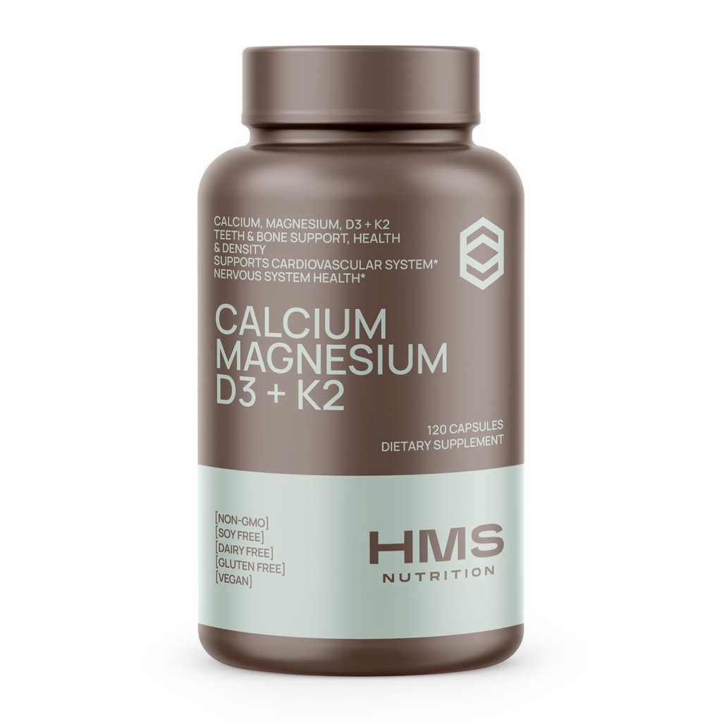 Vápník, hořčík, Vitamíny D3 + K2 pro zdraví kostí, imunitní podpora, Kosti a zuby doplněk vápníku pro ženy a muže, Non- GMO, gluten- free, 120 Kapsle