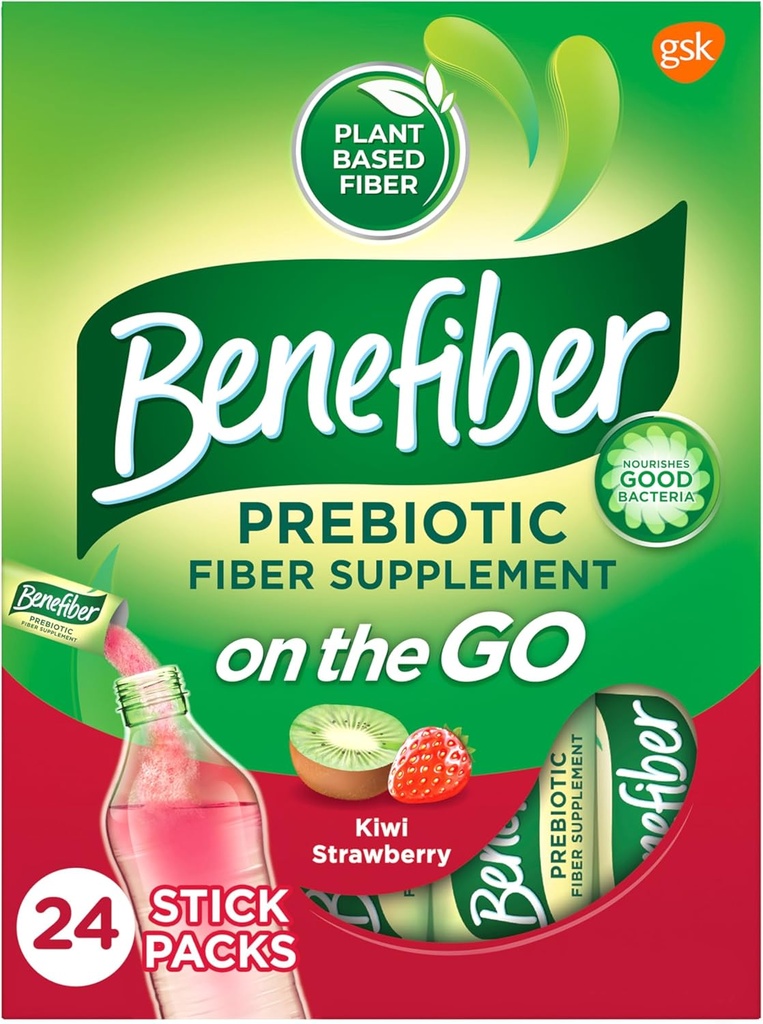 Benefiber On the Go Prebiotic Fiber Supplement Powder for Digestive Health, Daily Fiber Powder, Kiwi Strawberry Flavor Powder Stick Packs - 24 hůlek (5.28 Ounces)