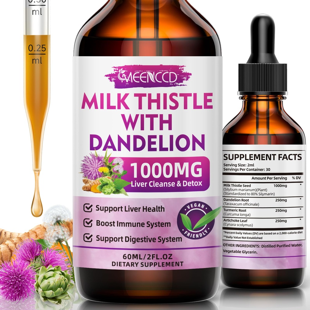 MEENCCD Mléko Thistle Liquid Drops - Mléko Thistle Dodatek se Silymarin, Antioxidant Support, Vegan, Non- GMO, 2 Fl Oz