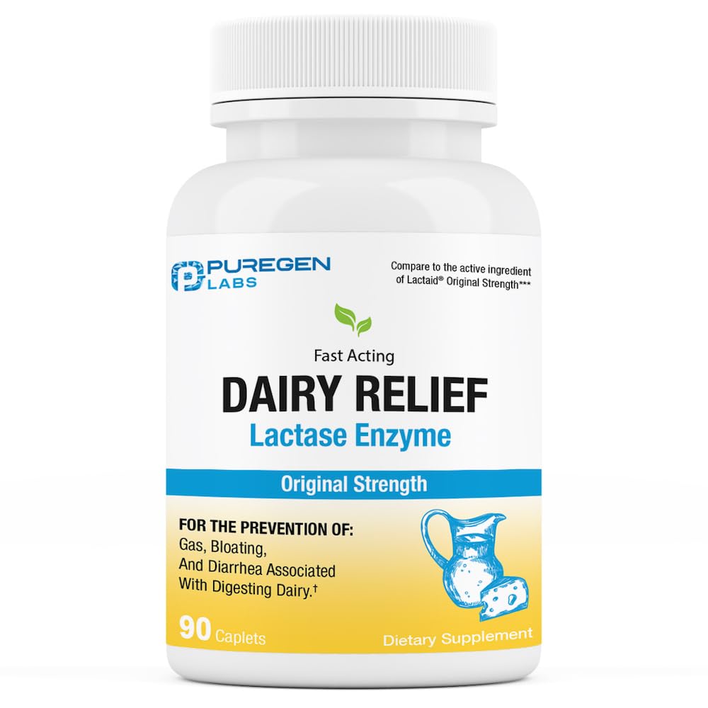 Puregen Labs Dairy Relief přírodní rychle působící laktáza enzym 3000 FCC, Intolerance laktózy pilulky 90 Kaplet