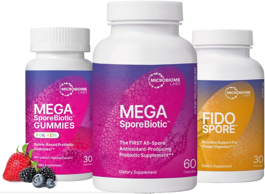 Mikrobiomy Labs Celá rodina Probiotická Bundle - MegaSporeBiotic pro dospělé, Probiotické gumy pro děti, a FidoSpore Probiotika pro psy a kočky