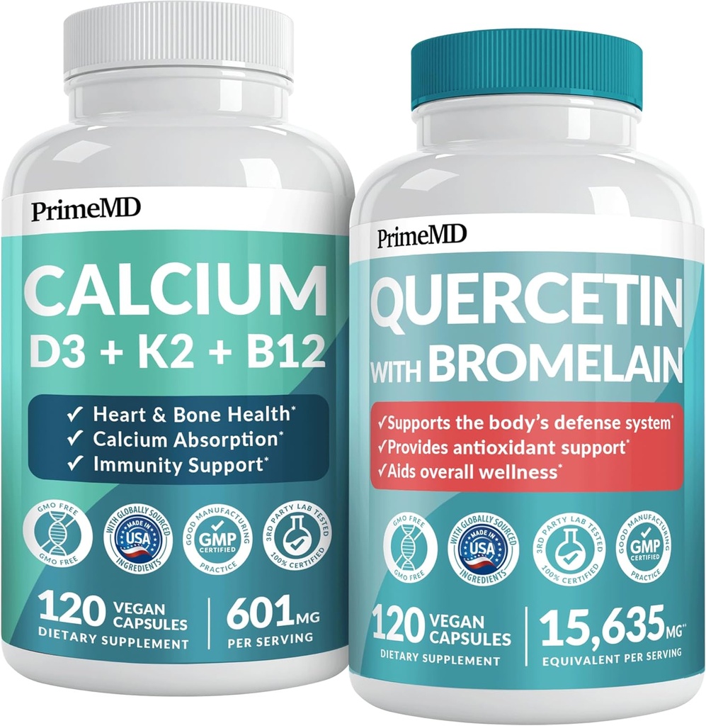 PrimeMD 4- in-1 Doplňky vápníku pro ženy a muže nebo srdce, Defense kosti a těla (120 ct) & 28- in-1 Quercetin s doplňkem Bromelain - Quercetin 500mg Kapsle pro podporu imunitní obrany (120 ct)