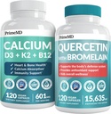 PrimeMD 4- in-1 Doplňky vápníku pro ženy a muže nebo srdce, Defense kosti a těla (120 ct) & 28- in-1 Quercetin s doplňkem Bromelain - Quercetin 500mg Kapsle pro podporu imunitní obrany (120 ct)
