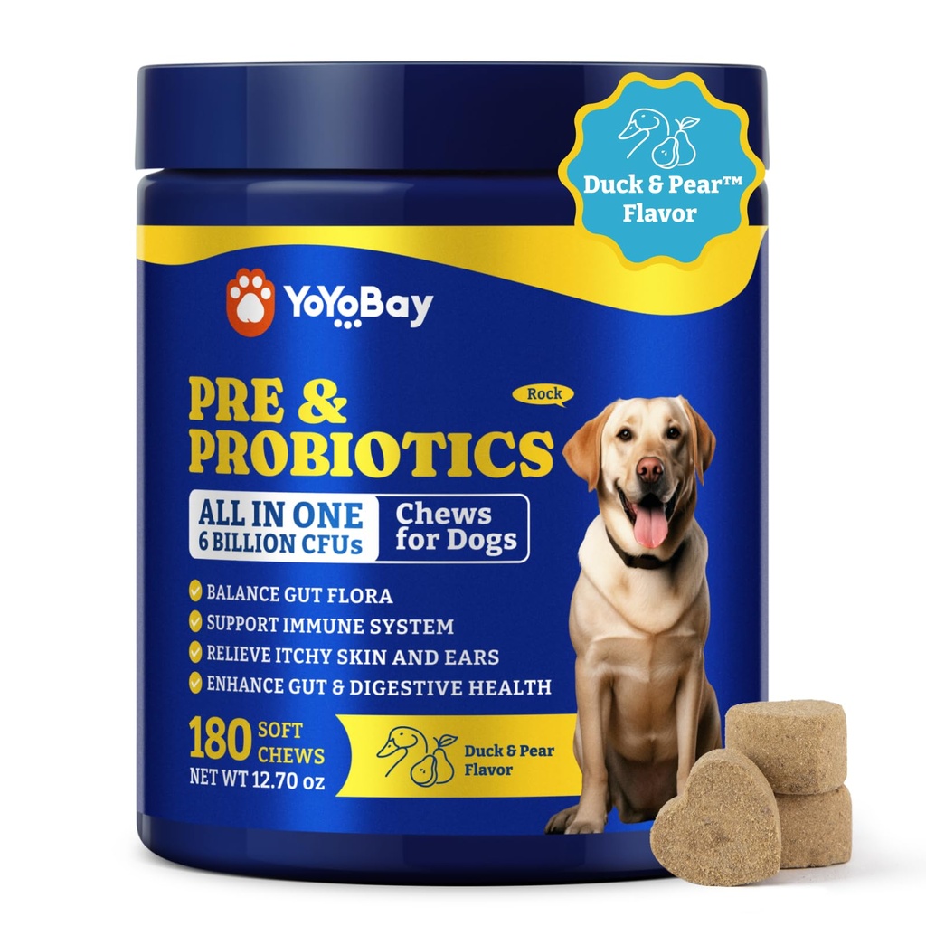 Probiotika pro psy - Psí probiotika pro stravitelné zdraví, kvasnice, ltchy kůže, gut zdraví, imunita & kůže - 6 miliard CFU, 180 měkkých žvýkaček, kachna & hruška ochucení - s prebiotika a stravitelné enzymy