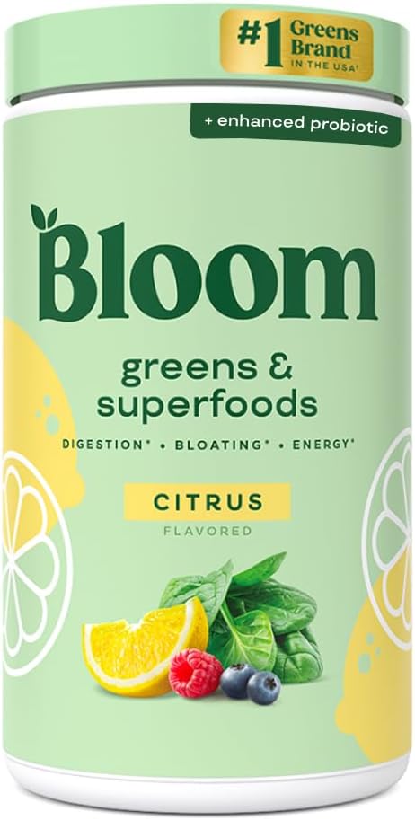 Bloom Nutrition Superfood Green Powder, trávicí enzymy s probiotika a prebiotika, Gut Health, Bloating Relief for Women, Chlorella, Green Juice Mix with Beet Root Powder, 60 SVG, Citrus