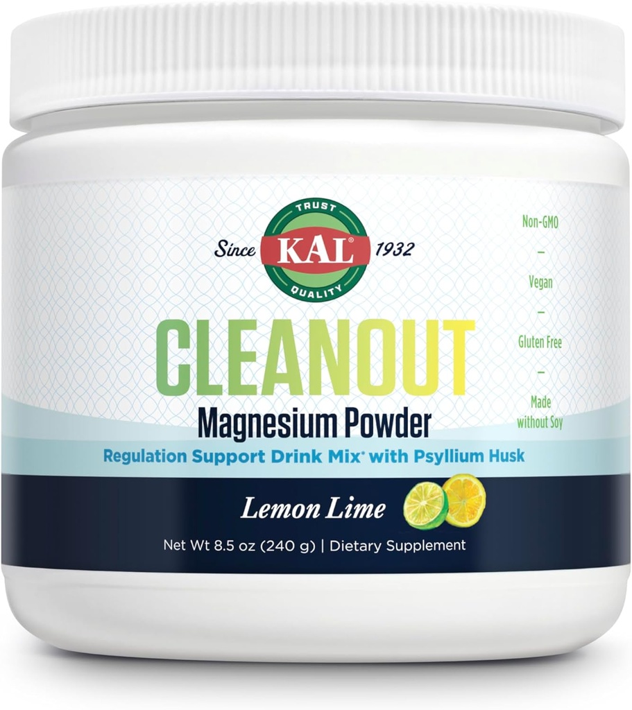Kal Cleaout Magnesium Plus Psylium Husk Powder - Lemon Lime - Oxid hořečnatý s doplňkem vlákna - Regulation Support Drink Mix - No Sugar - 60- Day Garance, 40 Servings, 8.5 OZ