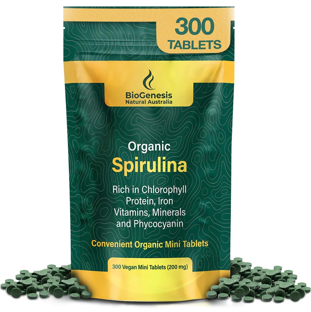 Biogenesis Organic Spirulina Mini tablety - 300 Počet (200 mg) 124; Australian Grown Blue- Green Řasy 124; Bohaté na fykocyanin, Chlorofyl & B Vitamíny 124; Podporuje Daily Energy & Immunity 124; Vegan Mini Tabs