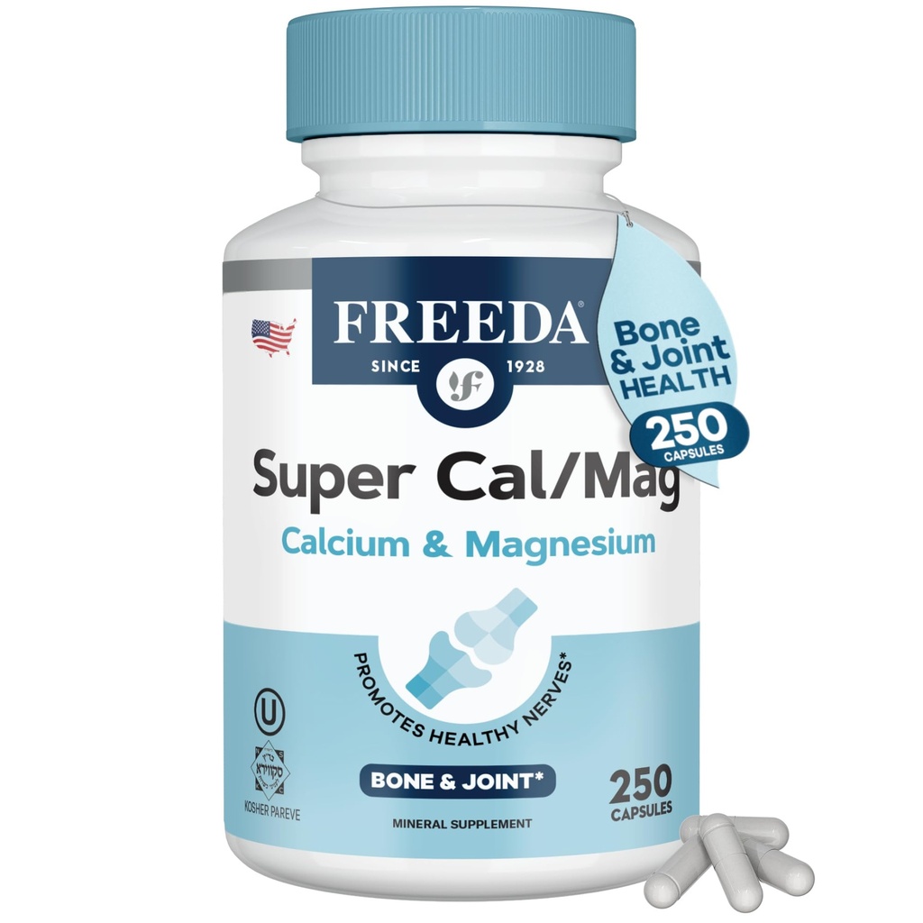 Freeda Super Cal / Mag - Kosher Vegan Bone Health Dodatek - Podporuje sílu kostí, nervové funkce a svalová relaxace - Vegetarian vápníku Magnesium Kapsle - Third- Party Testováno - 250 Kapsle