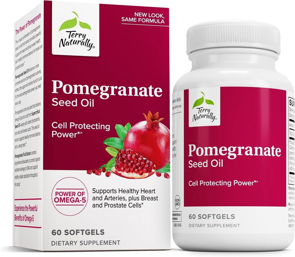 Terry Přirozeně Granátový olej - Dietní dodatek k podpoře kardiovaskulárního zdraví - Herbal Non- GMO dodatek s Omega-5 & Granátový extrakt - 60 Softgels