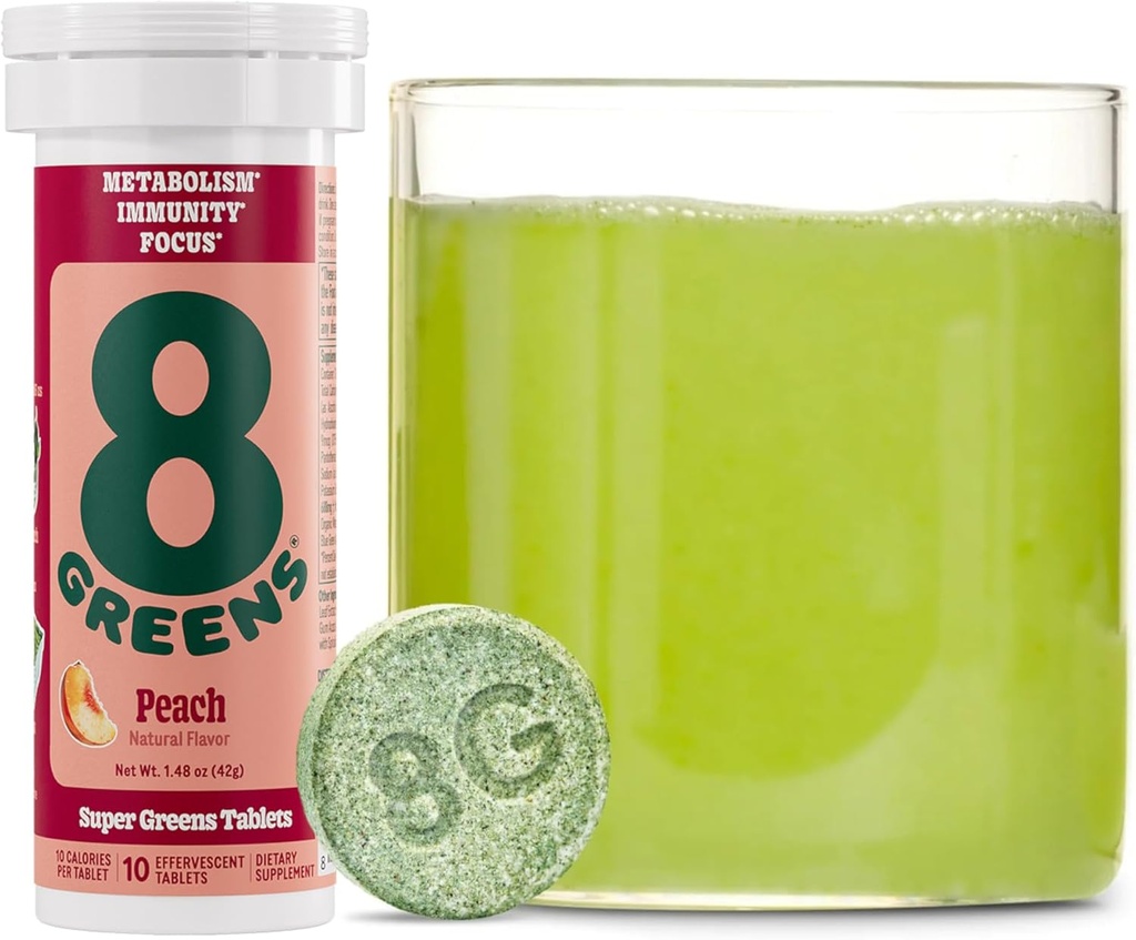 8Zelené Supergreens Tablety CARL 124; Super Zelené Powder Superfood Tablet, Metabolismus Immunity & Focus, Denní Zelené Effervescent Tablety, Organic: Aloe Vera, Spirulina, Chlorella, Peach, 10 Servings