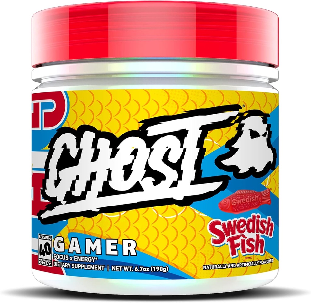 GHOST Gamer: Energy and Focus Support Formule - 40 Servings, Swedish Fish - Nootropics & Natural Caffeine for Attention, Přesnost & Reakční čas - Vegan, gluten- Free
