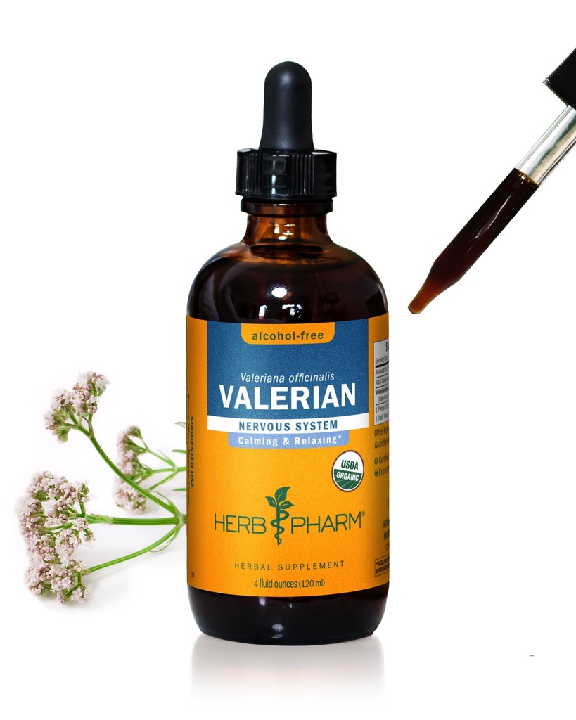 Herb Pharm Certified Organic Valerian Root Liquid Extract for Relaxation and Restful Sleep, Alcohol- Free Glycerite, 4 Ounce
