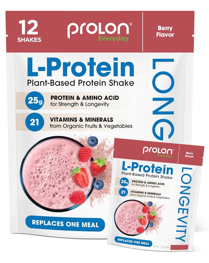 Prolon Longevity Plant Based Protein Powder 124; Muscle Syntéza & Opravy, Zdravé stárnutí, Zvýšení výkonu 124; Vitaminy, gluten Free, Amino kyseliny, Antioxidanty 124; 25g proteinu 124; Berry, 12 Packets