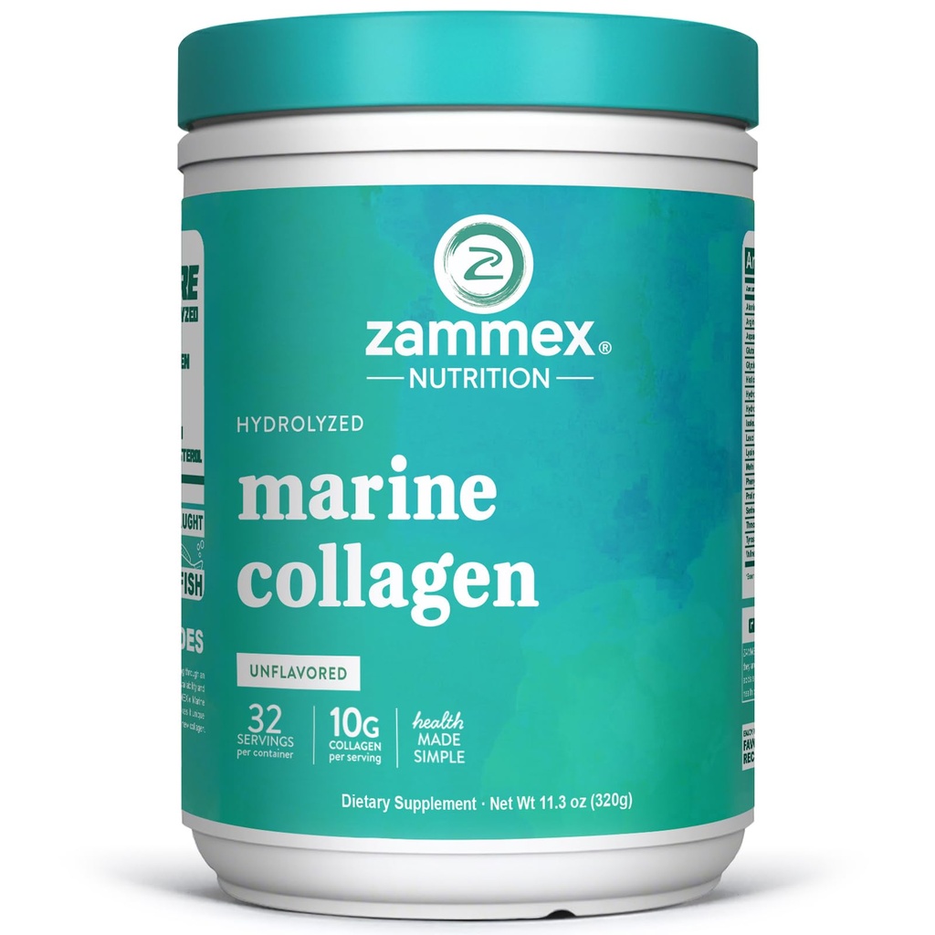 Zammex Marine Collagen Peptides Powder unochucený, Wild- Catched Fish Collagen Powder, podporuje zdravou pleť, vlasy, spojky, typ 1 a 3 Collagen dodatek pro ženy - snadno míchat. (32 Služebníci)