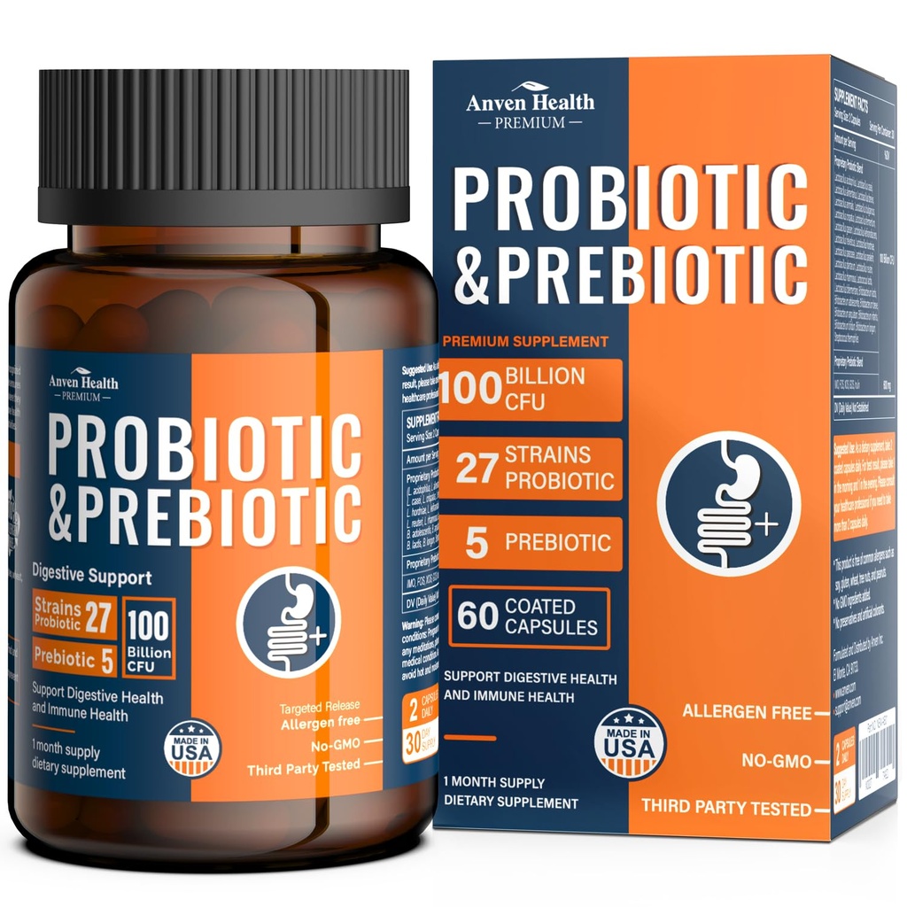 100 Bilion Probiotika pro muže a ženy 27 Straines 5 Organic Prebiotics for Gut Digestive & Imunitation Health, Podporuje Průjem plynové floating, Non- GMO, Nulové Fillers - Made in USA Caps 60