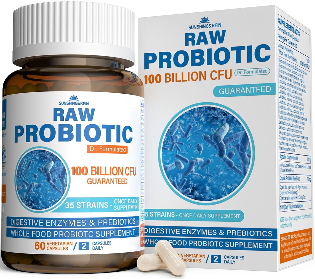 Syrová probiotika pro ženy a muže - 100 miliard CFU, 35 Stravovacích šňůr, Organic Prebiotics & Natural Digestive Enzymes for Digestive, Gut & Imunitary Health - Mléčné, Soy and Gluten Free, Non- GMO, 60 Veganské kapsle
