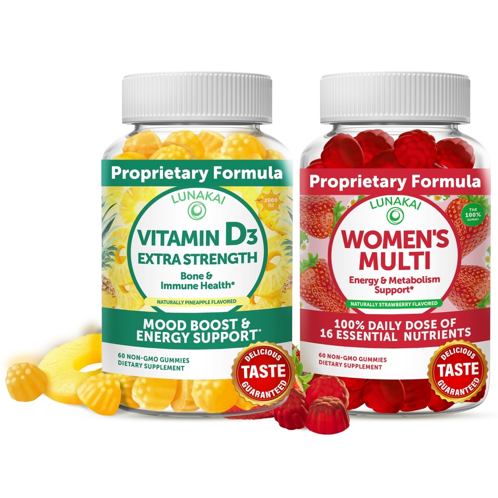 Lunakai Vitamin D3 Gummies a ženské Multivitamin Gummies Bundle - Immunity, Bone and Mood Support Supplementary - 100% denní hodnota 16 esenciální vitaminy a minerály zdravé Gummy - 30 dní dodávky