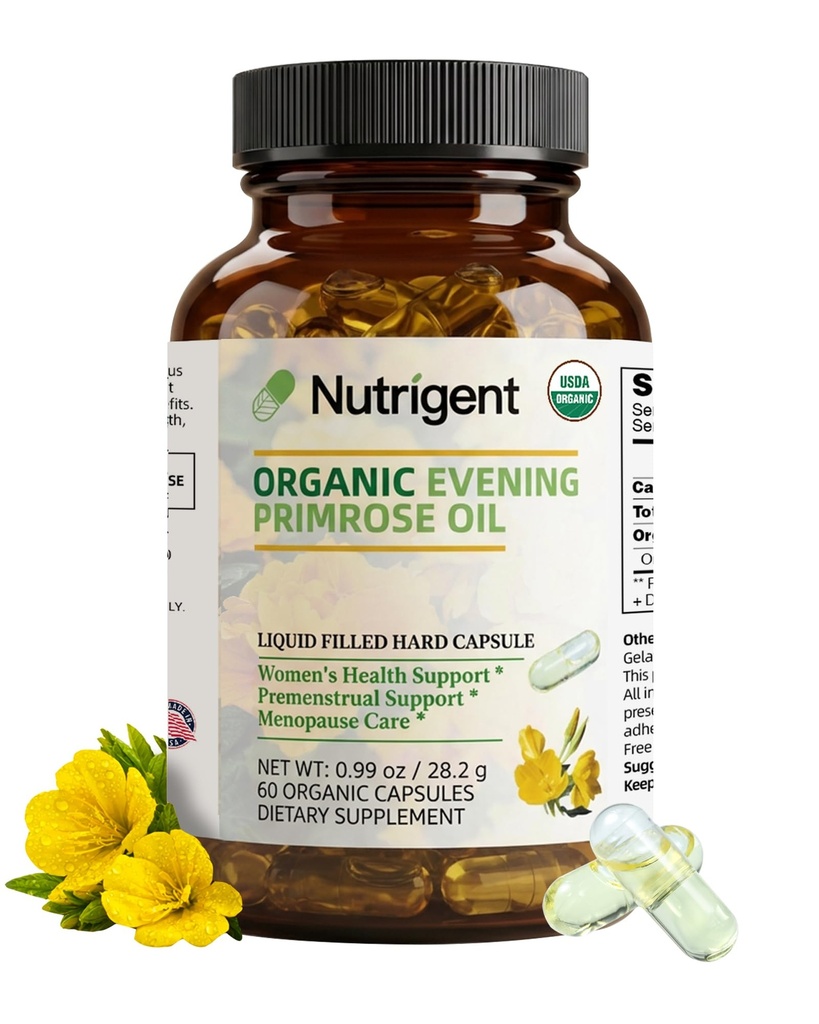 Organic Evening Primrose Oil Supplement, 940 mg 100% Čisté s 10% GLA, High Absorption Liquid Organic Capsules, Promotes Women 's Health & Skin Health, Cold Pressed, 60 Count