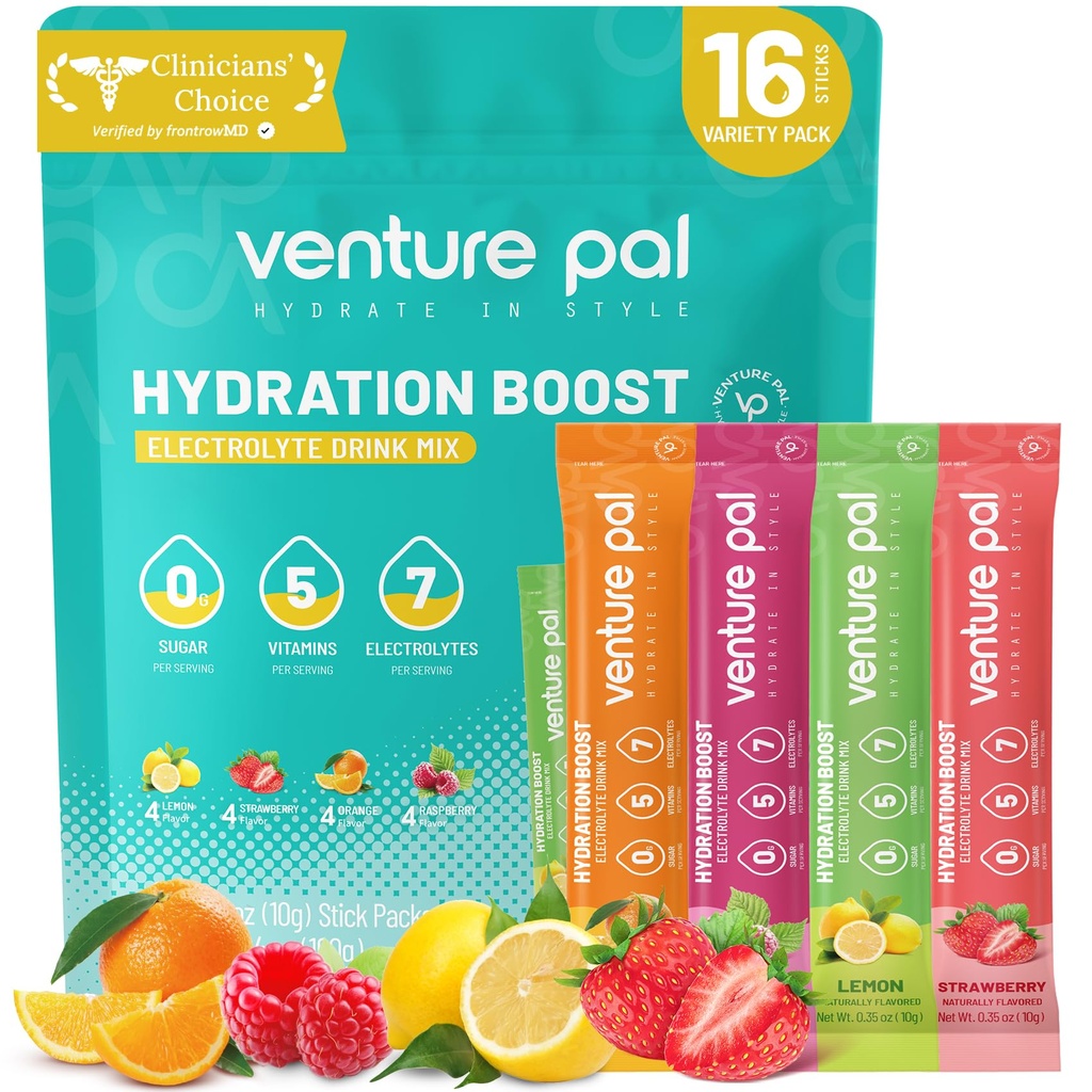 Venture Pal Sugar Free Electrolyte Powder Packets - Liquid Daily IV Drink Mix for Rapid Hydration & Party Recovery 124; 5 Vitamíny & 7 Electrolytes 124; Keto Friendly French 124; Non- GMO French 124; Certified Vegan French 124; 16 Sticks