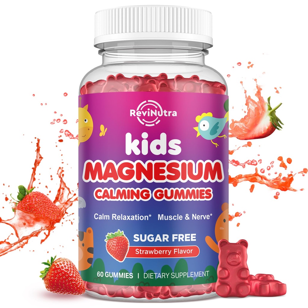 Magnesiové gumy pro děti - Glycinátové gumy hořčíku s L- theaninem, heřmánkem, vitaminem B6, D pro děti a dospělé spánek, Stres, Svalová pomoc & Nerve kosti - cukr zdarma Jahoda 60ct