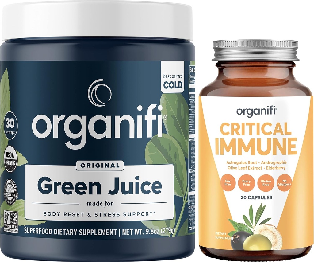 Organifi Green Juice Superfood Powder (30 Služeb) a Kritická imunita (30 Kapsle) - Vitamin C, Kontrola hmotnosti, Čištění detoxu, Stress Relief a Imunity Support - Gluten Free, Vegan, Celé jídlo