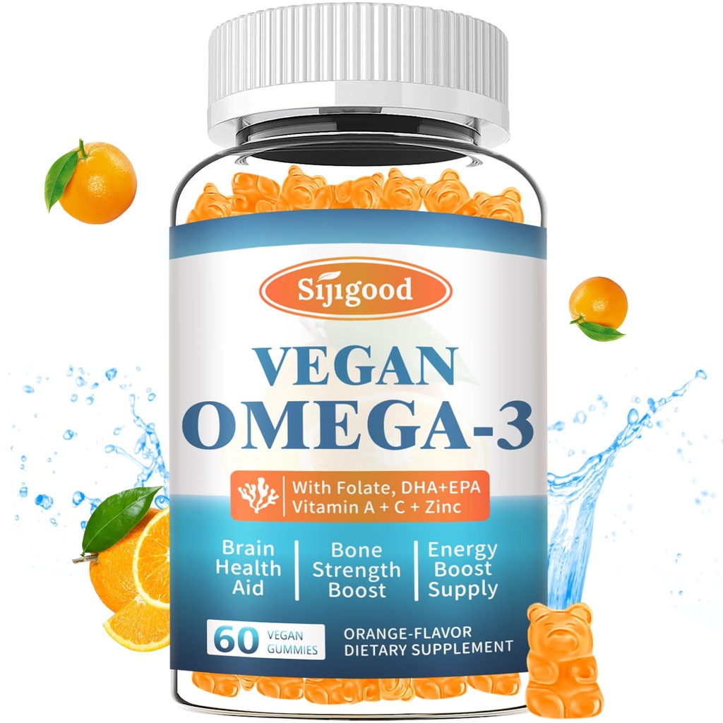 Omega33 Gummies Potentní Řasy Omega Zdroj, Zvyšování mozku, Oko a imunitní funkce, s DHA a EPA Vegan & Sugar Free, Orange Flavor, 60 Počet