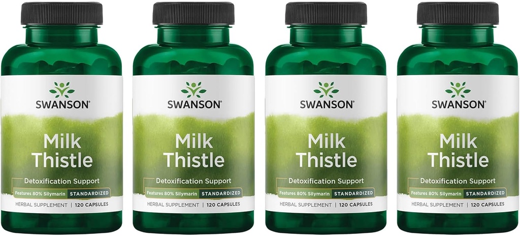 Swanson Milk Thistle (Standardizované) - Bylinný doplněk pro podporu jater w / 80% Silymarin - Přírodní vzorec pomáhá udržet celkové zdraví a wellness - (120 Kapsle) (4 balení)