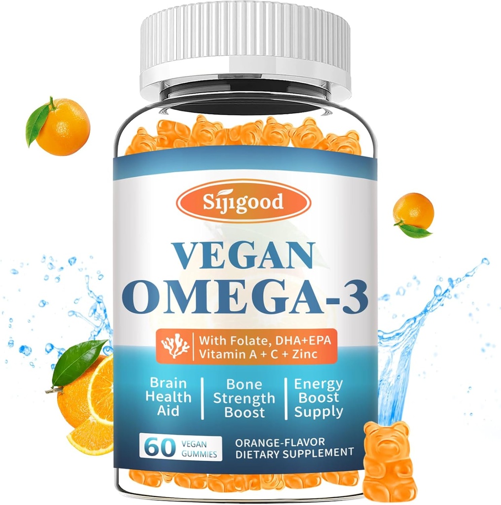 Omega33 Gummies Potentní Řasy Omega Zdroj, Zvyšování mozku, Oko a imunitní funkce, s DHA a EPA Vegan & Sugar Free, Orange Flavor, 60 Počet