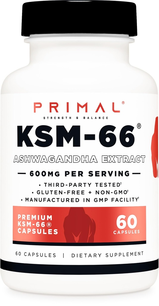 Primal KSM- 66 Ashwagandha Complex (60 Kapsle / 60 Servings, 600 mg per Serving) - KSM- 66 Ashwagandha s černým Pepper Extract, gluten Free, Non- GMO