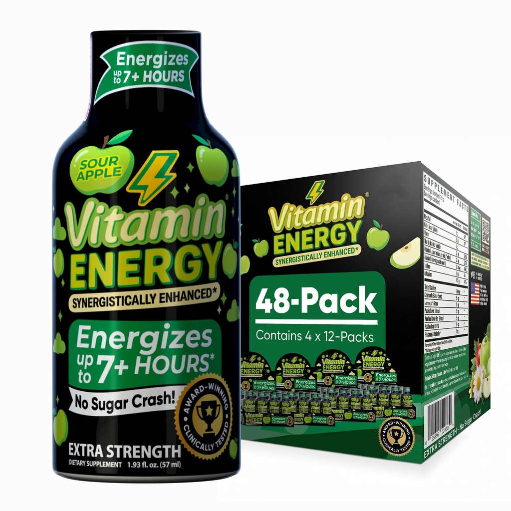 Vitamin Energy Workout + Extra síla Energy Shot Sour Apple 48 Pack, 260mg přírodní kofein, Pre- Workout, B-Vitamíny, Minerály, Vytrvalost & Výkon, Nulový cukr, gluten- Free, Vegan, 1.93 fl oz