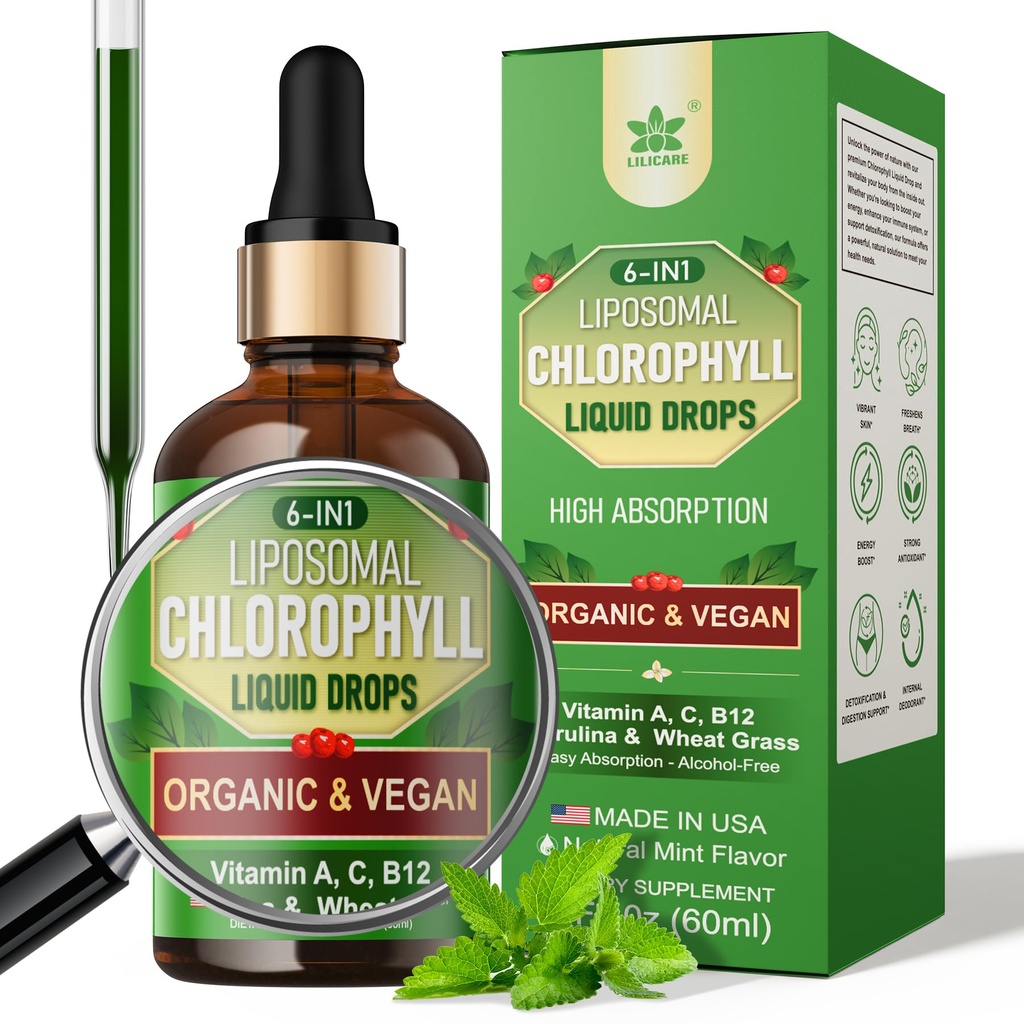 Organické chlorofyl kapalné kapky Liposomal pro ženy a muže, 6-in-1 Zelené Superfood Vegan Chlorofyll w / Spirulina, pšeničná tráva, Vitamin C B12 A pro vnitřní deodorant *, Energie, Digestive, 1Packs / 2 Fl Oz